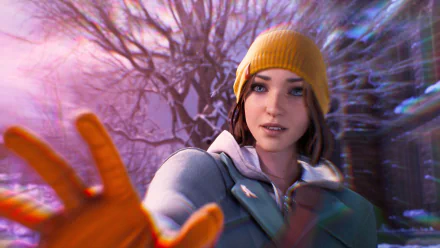 HD desktop wallpaper featuring a character from the video game Life is Strange: Double Exposure. The character is wearing an orange beanie, reaching out against a vibrant, slightly blurred outdoor background.