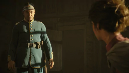 HD wallpaper from the video game “Eriksholm: The Stolen Dream,” featuring an intense scene with a uniformed officer and a person looking towards him in a dimly-lit room.