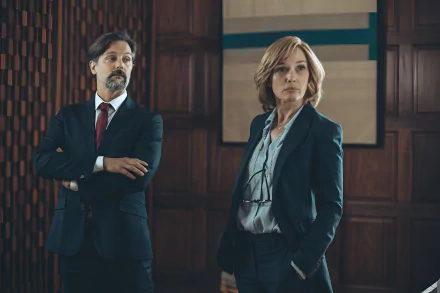 Two characters from the movie Under Paris, standing in a wood-paneled room, both dressed in business attire. The image is a high-definition desktop wallpaper and background.