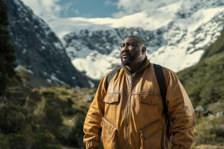HD desktop wallpaper of Tommy Jepperd (Nonso Anozie) from the TV show Sweet Tooth, standing outdoors with a mountainous snowy landscape in the background.
