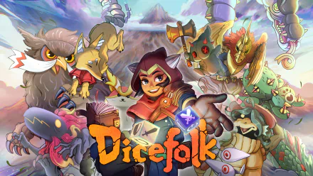 HD desktop wallpaper featuring characters from the video game Dicefolk, showcasing an adventurous scene with various colorful and dynamic creatures surrounding a central figure.