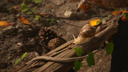 HD desktop wallpaper of the video game Empire of the Ants featuring a snail crawling on a branch with a natural, detailed forest floor background.