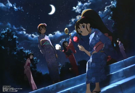 Anime wallpaper featuring Nazuna Takanashi, Mahiru Inami, Popura Taneshima, and Aoi Yamada in yukata under a moonlit, starry night sky from Working!!.