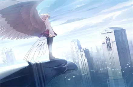 Anime angel with large white wings stands on a giant hand overlooking a bright cityscape in this HD PC desktop wallpaper and background.