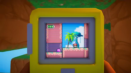 HD desktop wallpaper and background featuring a screenbound video game scene with a character exploring a pixel-art landscape with palm trees.