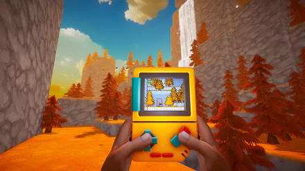 A vibrant HD desktop wallpaper featuring a retro handheld video game console in a scenic autumn landscape from the game Screenbound.