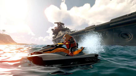HD desktop wallpaper featuring a scene from the video game Killer Bean, showcasing a character riding a jet ski near a large ship under a sunlit sky.