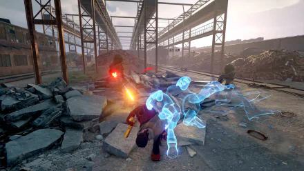 HD desktop wallpaper featuring a dynamic scene from the video game Killer Bean, showcasing intense action amidst an industrial, post-apocalyptic setting with characters battling among debris.