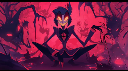 HD desktop wallpaper featuring Alastor from the TV show Hazbin Hotel, set against a dark, ominous background with eerie figures.