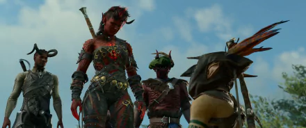 HD wallpaper featuring Karlach, a character from Baldur's Gate 3, standing alongside other characters against a blue sky backdrop.