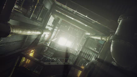 HD desktop wallpaper and background from the video game Still Wakes the Deep, depicting an industrial, metallic interior bathed in shafts of light.