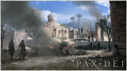 HD desktop wallpaper of Pax Dei showing a serene yet dramatic evening scene with medieval architecture, figures walking, and smoke in the background.