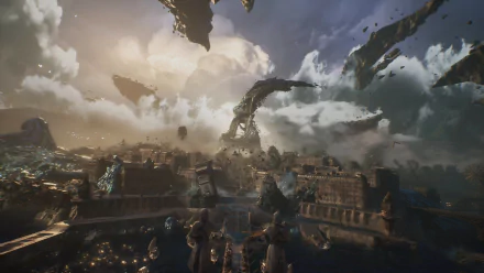 4K Ultra HD PC desktop wallpaper from the video game Clair Obscur: Expedition 33, featuring a sprawling, futuristic landscape under a dramatic, cloudy sky.