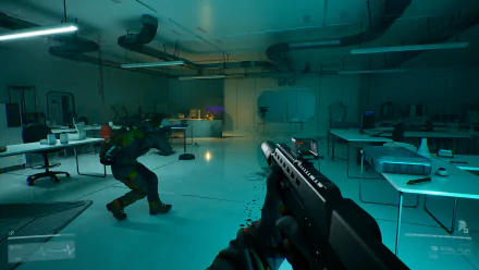 A high-definition wallpaper of Level Zero: Extraction video game, depicting an intense in-game scene with a player aiming a gun in a futuristic lab setting.