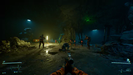 HD wallpaper of Level Zero: Extraction video game, depicting an intense cave scene with armed characters and atmospheric lighting.