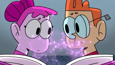 HD desktop wallpaper featuring characters from the video game BLUD, showcasing a moment with two animated figures gazing at each other, surrounded by a magical glow emanating from an open book.