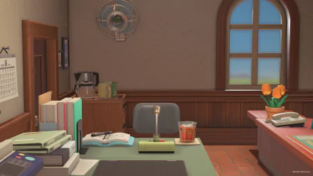 HD PC desktop wallpaper from Animal Crossing: New Horizons featuring a cozy wooden office with books, a microphone, a drink, and a window with a blue sky view.