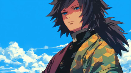 HD desktop wallpaper of Giyuu Tomioka from Demon Slayer: Kimetsu no Yaiba, featuring a vibrant blue sky with clouds in the background.