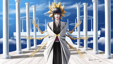 HD desktop wallpaper featuring Senjumaru Shutara from Bleach, standing amidst grand pillars with a golden halo and multiple arms, set against a vibrant blue sky.
