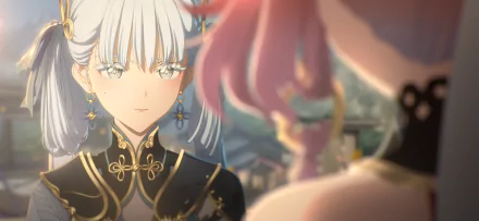 HD desktop wallpaper featuring Jinhsi from the video game Wuthering Waves, depicting an animated character with silver hair and intricate outfit, engaging with another character in the foreground.