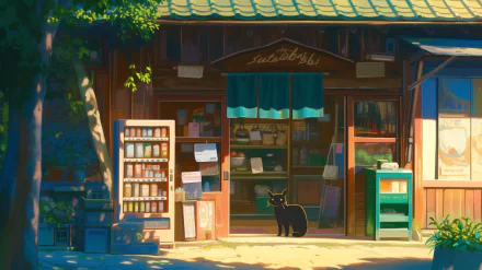 HD desktop wallpaper inspired by Studio Ghibli anime, featuring a quaint shop with a black cat sitting at the entrance.