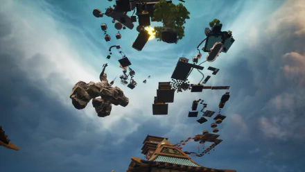 HD desktop wallpaper featuring Chained Together video game theme with floating islands and structures against a cloudy sky backdrop.