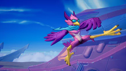 HD desktop wallpaper featuring a vibrant, animated bird character from the video game Rivals 2, set against a dynamic sky and futuristic backdrop.