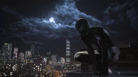 A 4K Ultra HD wallpaper featuring Spider-Man from the Raimi series, perched on a building against a night sky, with a full moon and a city skyline illuminated below.