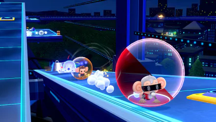 HD desktop wallpaper featuring gameplay from the video game Super Monkey Ball Banana Rumble, showing characters in transparent balls on a futuristic blue track with a cityscape backdrop.