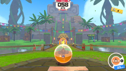HD desktop wallpaper featuring a scene from the video game Super Monkey Ball Banana Rumble, showing a monkey in a ball navigating a vibrant, jungle-themed track with a temple in the background.