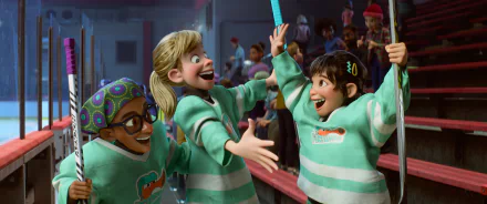 HD desktop wallpaper from the movie Inside Out 2, depicting three animated characters celebrating joyously in matching sports uniforms.