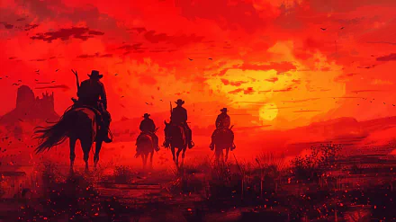 HD desktop wallpaper featuring a stunning scene from Red Dead Redemption 2. Four cowboys ride into a vivid, fiery sunset in the wild west, encapsulating the game's rugged, adventurous spirit.
