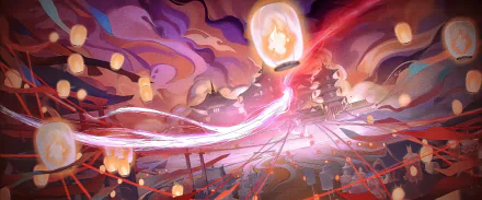 HD PC desktop wallpaper featuring a vibrant, mystical night scene with floating lanterns inspired by Heaven Official's Blessing (Tian Guan Ci Fu).