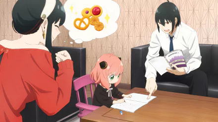 HD desktop wallpaper featuring characters from the video game SPY×ANYA: Operation Memories. The image depicts three characters in a casual setting, with one character helping another with homework.