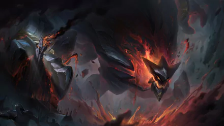 HD desktop wallpaper featuring Malphite from League of Legends in a dramatic and fiery scene. Dark tones and intense flames create a powerful and immersive gaming atmosphere.