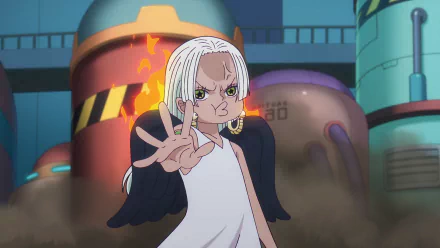 HD PC desktop wallpaper featuring S-Snake from the anime One Piece, showing the character with white hair and an intense expression amid an industrial background.
