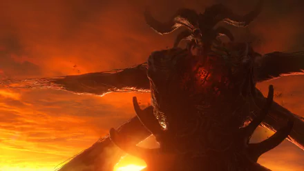 Diablo IV demon silhouette against a fiery sunset backdrop, rendered in stunning 4K Ultra HD for PC desktop wallpaper.