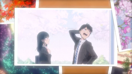 HD anime wallpaper depicting a scene from Pseudo Harem, with a boy and girl in school uniforms engaging in an expressive conversation against a backdrop of cherry blossoms.