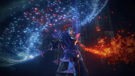 HD wallpaper for Elden Ring: Shadow of the Erdtree featuring Rellana, Twin Moon Knight, performing a dual magic attack with dramatic red and blue flames in a dark, mystical setting.