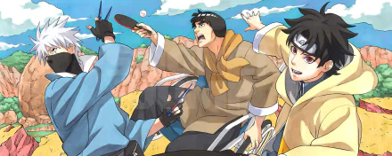 An HD desktop wallpaper featuring Naruto characters Kakashi Hatake and Might Guy in a lighthearted moment, playing table tennis. The vibrant manga-style artwork captures a dynamic and fun scene.