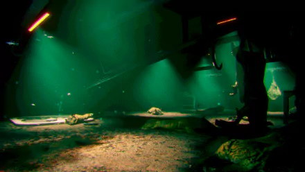 A vibrant desktop wallpaper featuring an HD scene from the video game Murky Divers, showcasing an eerie underwater environment illuminated by greenish lights.