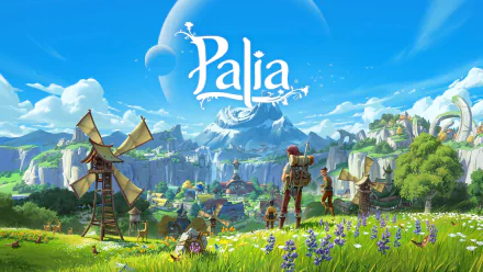 HD desktop wallpaper featuring the video game Palia, showcasing a vibrant, scenic landscape with mountains, windmills, and characters in a fantasy world.