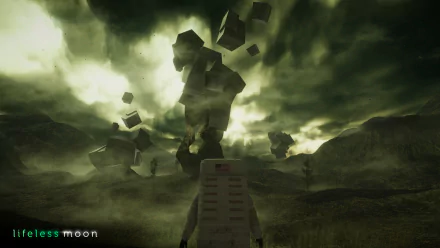 HD desktop wallpaper featuring an astronaut standing on a desolate landscape with dramatic skies and floating geometric rocks, from the video game Lifeless Moon.