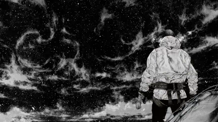 8K Ultra HD PC wallpaper and background: lone astronaut in a detailed suit stands on a rocky ridge, gazing at a swirling monochrome starfield and drifting nebula clouds.