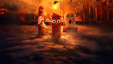 HD desktop wallpaper featuring characters from the TV show Sausage Party: Foodtopia in a tropical setting, with three animated food items displaying various expressions in the water at sunset.