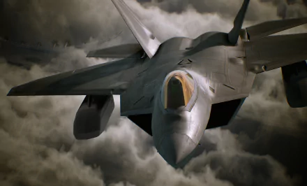 HD desktop wallpaper of a jet from the video game Ace Combat 7: Skies Unknown, showing a close-up of the aircraft against a backdrop of dark, cloudy skies.