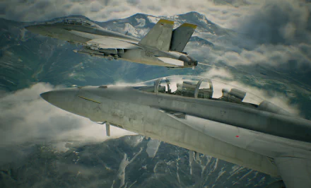 HD wallpaper featuring two fighter jets soaring above cloud-covered mountains from the video game Ace Combat 7: Skies Unknown.