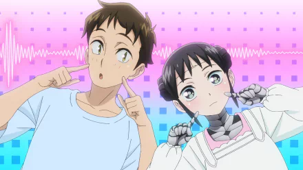 HD anime desktop wallpaper featuring Takuma Kosugi and Mina from My Wife Has No Emotion, with a colorful pixelated background and waveform design.