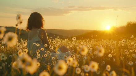 A woman sits in a daisy-filled meadow, gazing at a golden sunset. This HD desktop wallpaper captures a serene summer aesthetic.