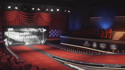 HD desktop wallpaper and background from the video game Disney Speedstorm, featuring a cinematic racing track with red carpet and theater seating.